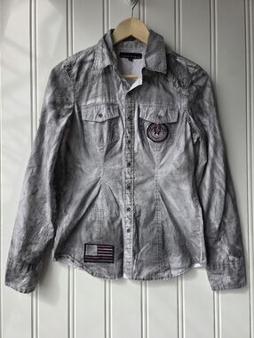 Affliction Black Premium Button Front Distressed Grey Shirt Womens Small